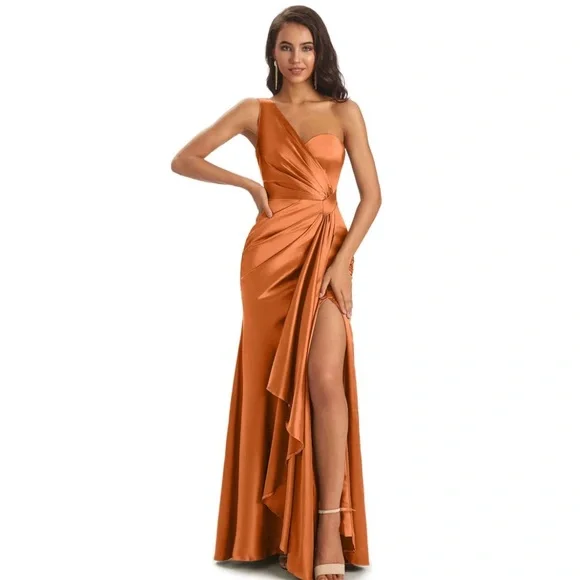 slim fit dress slacks Elegant Green New design One Shoulder Flare Sleeve with tulle Draped   Sandra's Bridal Collection
